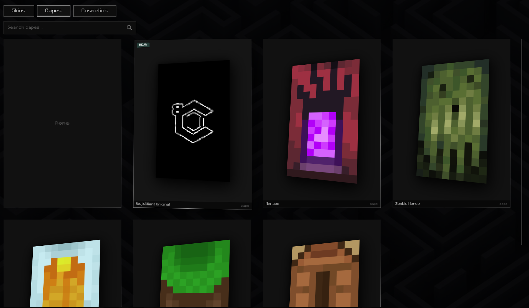 BejaClient cosmetics locker showing cape collection