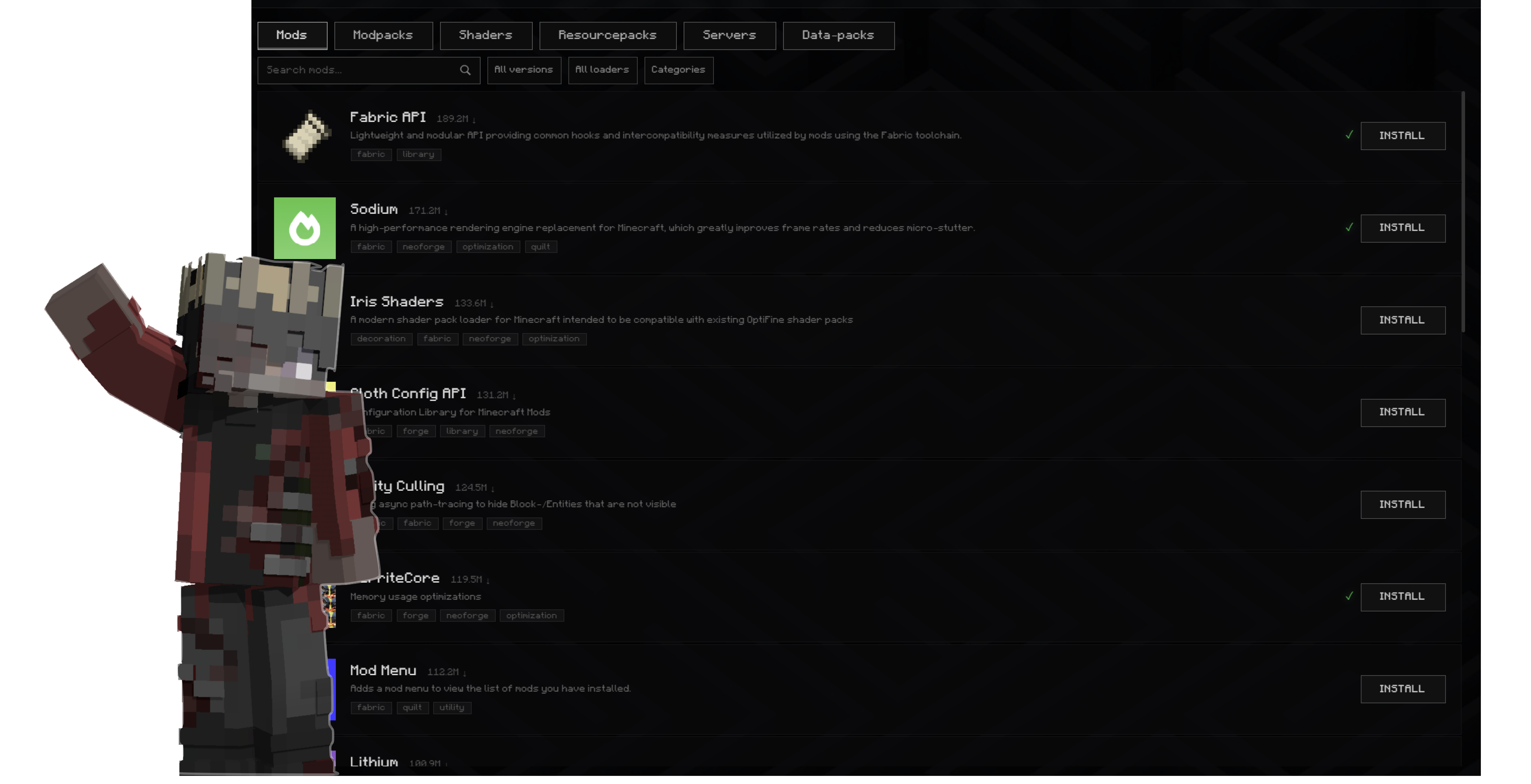 BejaClient mod browser showing one-click installs