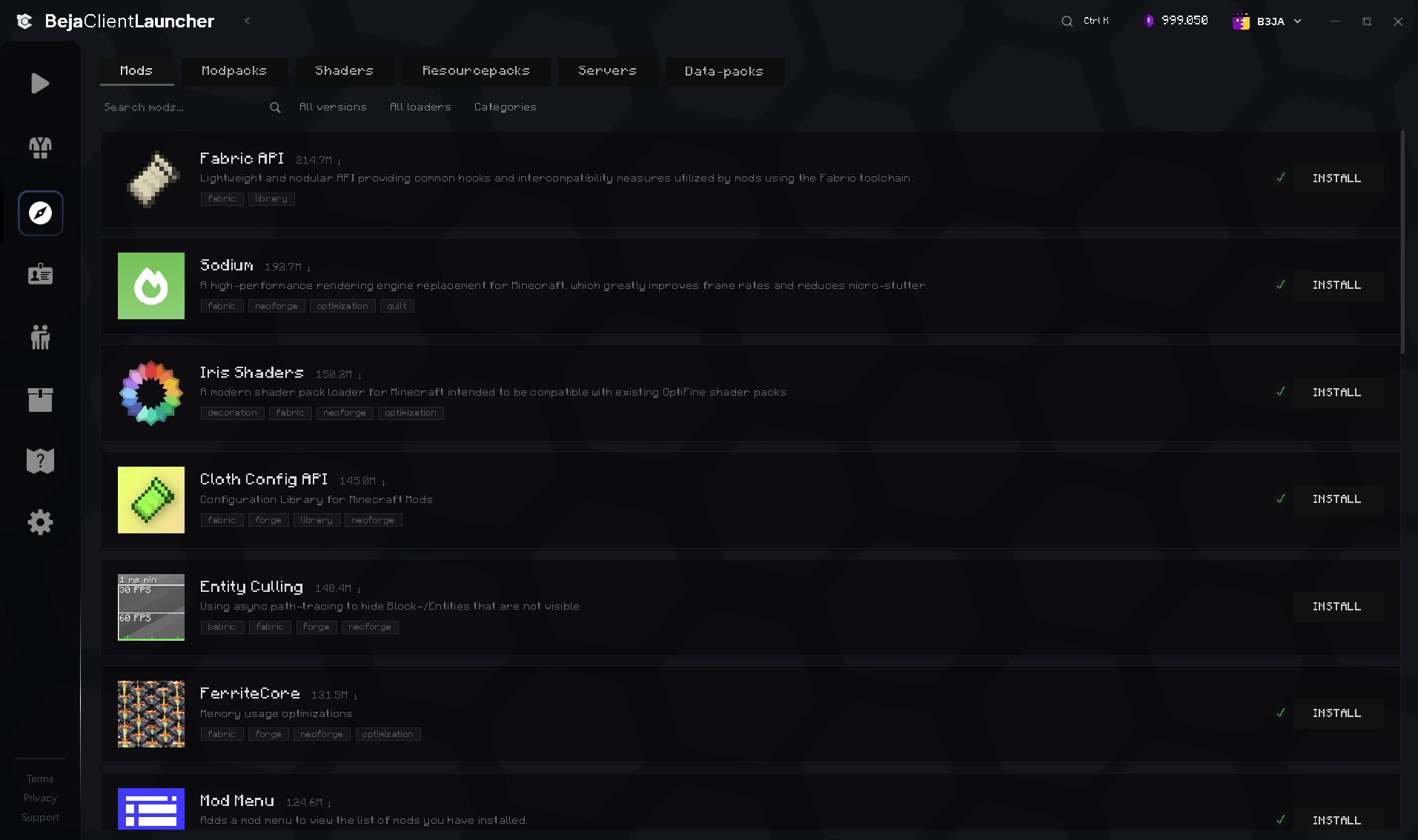 Mod browser with Sodium, Iris and FerriteCore
