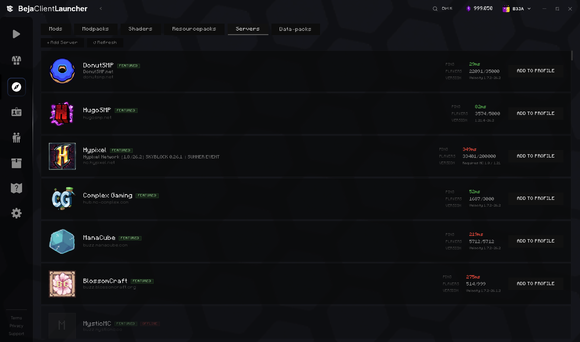 Server browser with featured servers